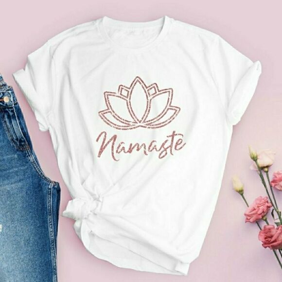 Namaste Lotus Flower Rose Gold Glitter Tee Shirt - Picture 1 of 5